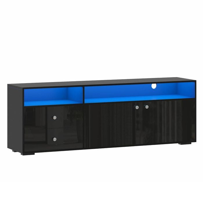 Advwin LED TV Cabinet 140cm Entertainment Center Media Console Table with High Gloss Drawer & Cabinets Black