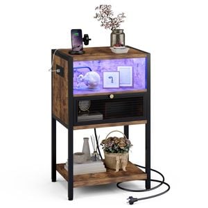 Advwin LED Bedside Table with Charging Station Metal Mesh Drawer Nightstand Side Table Rustic Brown
