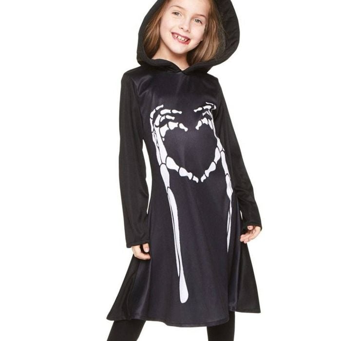 Hooded Girls Black Skeleton Hands Halloween Costume - Medium