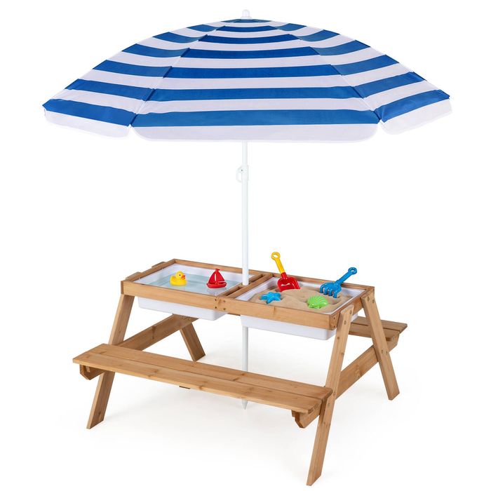 Costway 3-in-1 Kids Picnic Table Set w/Adjustable Umbrella-Blue