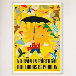 Galrie Charming Vintage Travel Poster of Portugal: No Rain But Tourists Pour In Artwork, Wood Frame, A0 84 x 119cm (33 x 47inch)