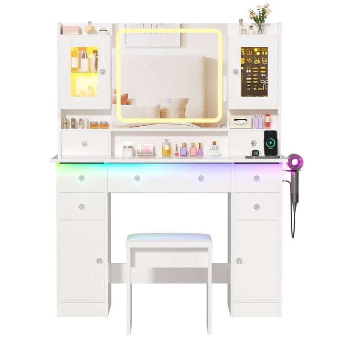 Advwin Dressing Table with Ambiant RGB Light & Jewelry Display Cabinet White