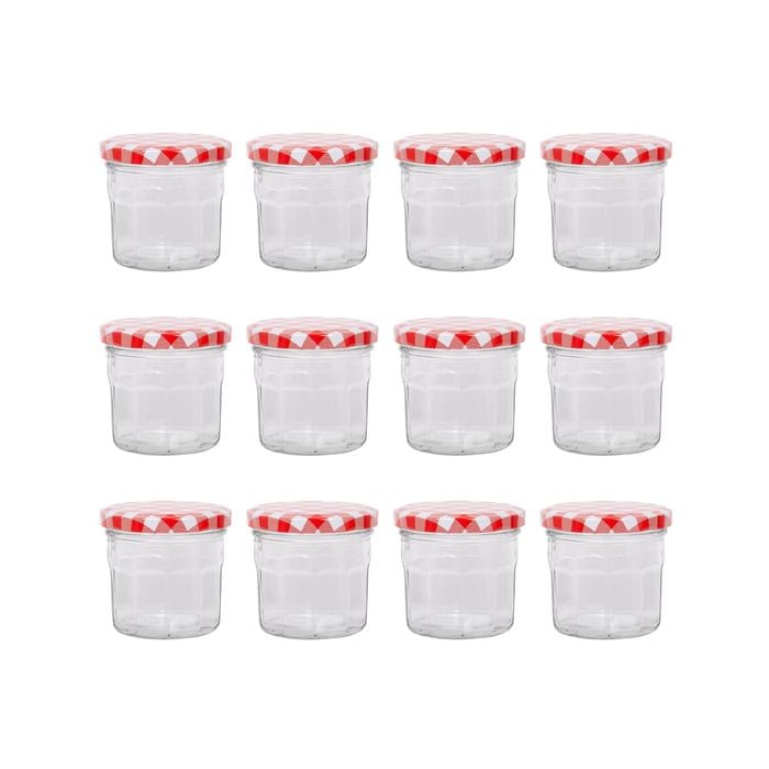 Argon Tableware 130ml Glass Jam Jars With Airtight Red Gingham Lids - Set Of 12 Empty Screw Top Kitchen Storage Preserving Jar