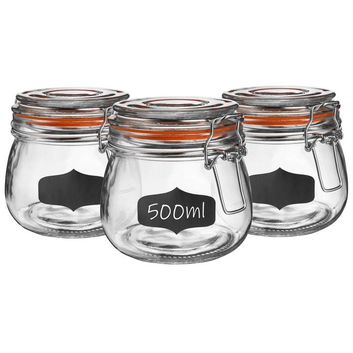 Argon Tableware 6x Glass Storage Jar & Labels Set - 500ml/17.6oz 4 Colour Seal Airtight Kitchen Storage Container Preserving Jar
