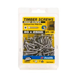 Zenith 8G x 25mm Satin Chrome Hinge Timber Screw - 100 Pack