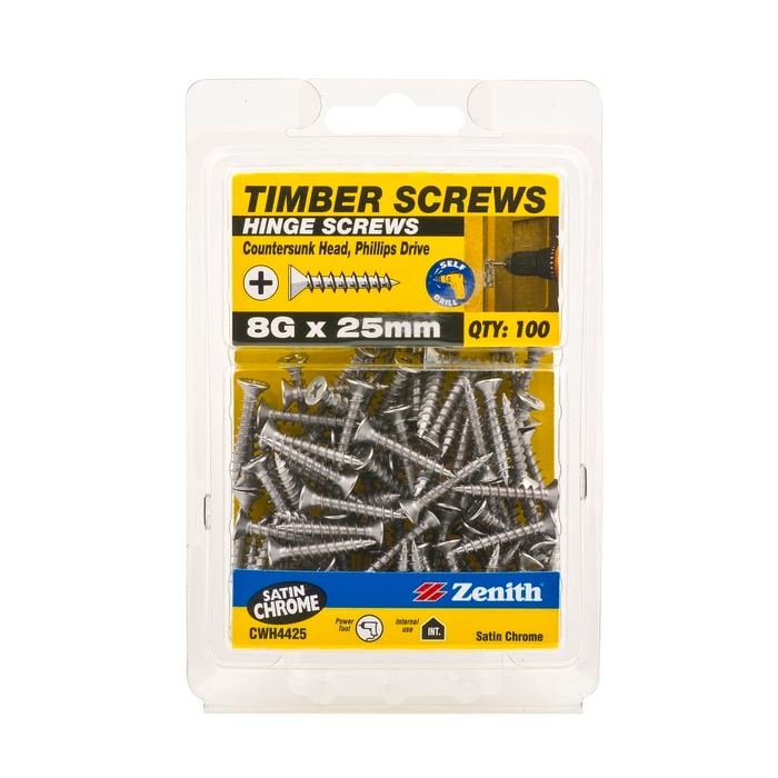 Zenith 8G x 25mm Satin Chrome Hinge Timber Screw - 100 Pack
