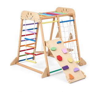 Advwin Kids Climbing Frame w/Slide and Swing Montessori Wooden Climbing Set w/ Monkey Bar and Rope Ladder