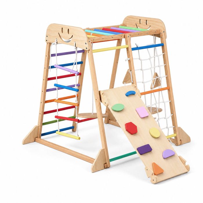 Advwin Kids Climbing Frame w/Slide and Swing Montessori Wooden Climbing Set w/ Monkey Bar and Rope Ladder