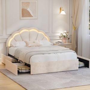 Oikiture Double Size Bed Frame LED Shell Headboard with Drawers Beige