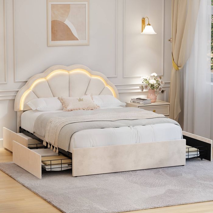 Oikiture Double Size Bed Frame LED Shell Headboard with Drawers Beige