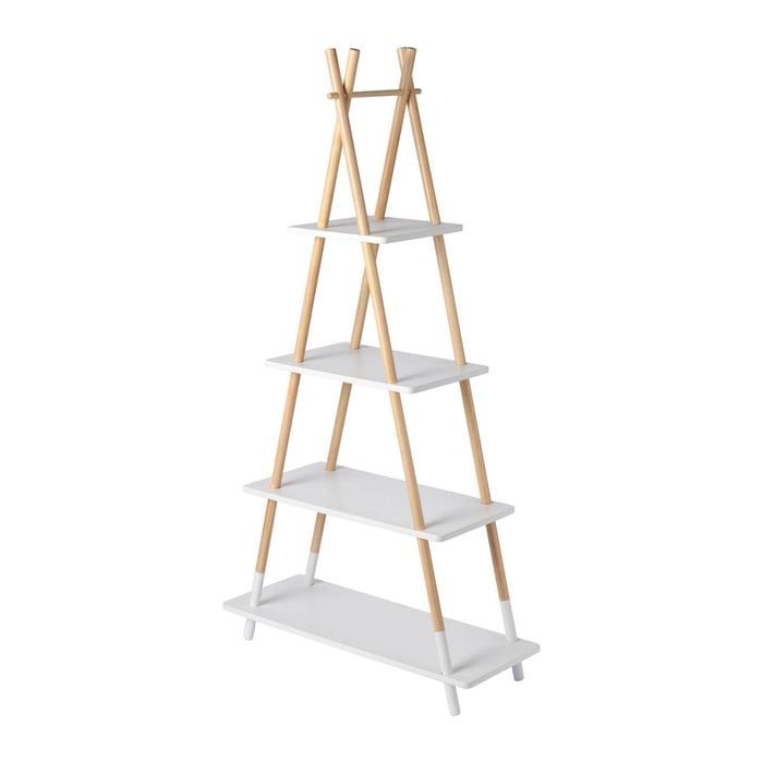 Takara Kusa 4-tier Natural Wooden A-frame Ladder Storage Shelf Modern Natural & White Bamboo Tripod Bookcase 30x78x148cm