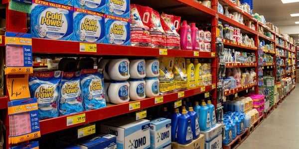 Bunnings aisle stocked with laundry detergents, fabric care products and cleaning supplies arranged on red warehouse-style shelving. Large packs of detergent, bottles of liquid cleaners and bulk cartons line the shelves, with price tags visible throughout the aisle.