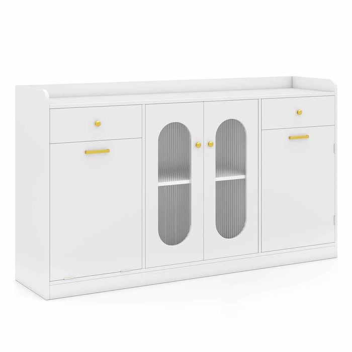 Costway Tilt Out Trash Can Buffet Cabinet Kitchen Island 1.4m Bar White