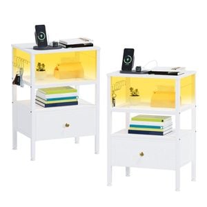 Ufurniture Bedside Table Set of 2 with Fabric Drawer 3-Level End Table Charging Station and LED Lights White
