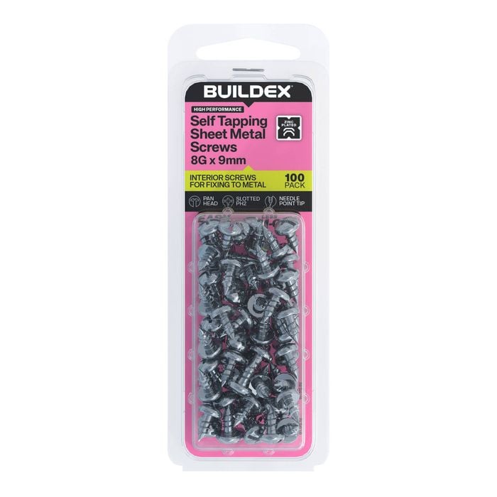 Buildex 8G x 9mm Zinc Plated Self Tapping Sheet Metal Screws - 100 Pack