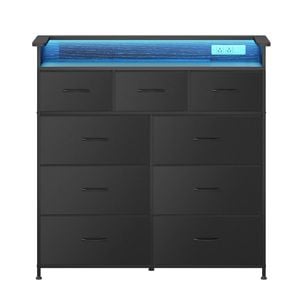 Ufurniture LED Chest of 9 Drawers Storage Cabinet with Power Outlets & USB Charging Station & Open Shelf Black