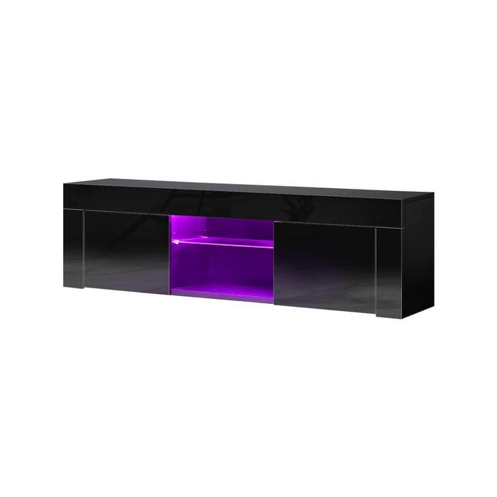 Oikiture Entertainment Unit Led Gloss Glass Shelf 130cm Black