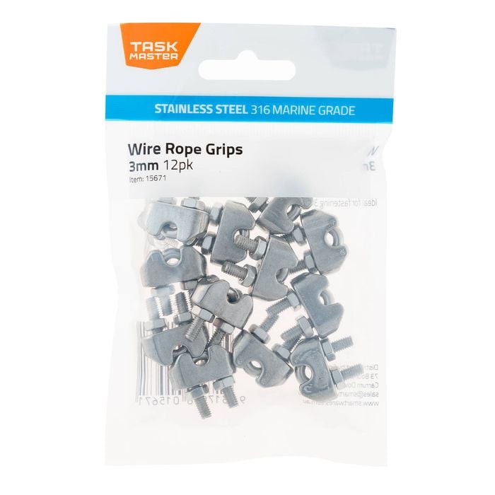 Taskmaster 3mm 316 Stainless Steel Wire Rope Grips - 12 Pack