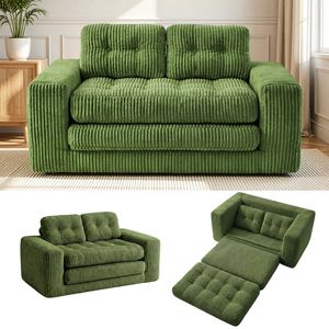 Ufurniture 142cm Convertible 2 Seater Sofa Bed W/ 2 Pillow Boneless Corduroy Loveseat Floor Sleeper Sofa Green