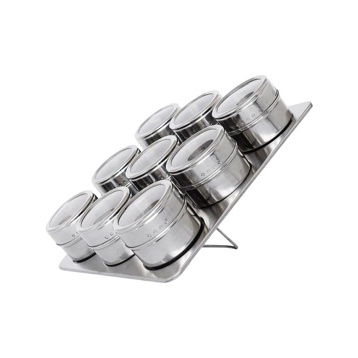 Kitchee Magnetic Spice Jar Tins And Steel Rack Set of 9