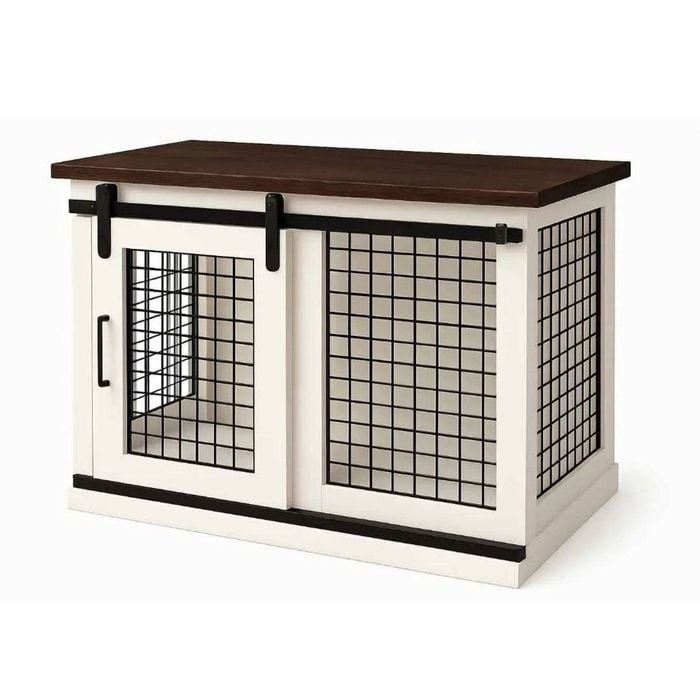 Paws and Willow Single Arctic White with Espresso Top Wooden Dog Crate Barn Doors with Mesh