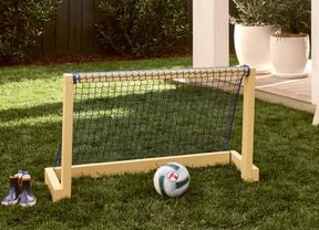 A mini soccer goal with a blue net and a soccer ball on a green lawn in a backyard