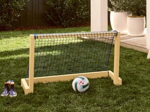 A mini soccer goal with a blue net and a soccer ball on a green lawn in a backyard
