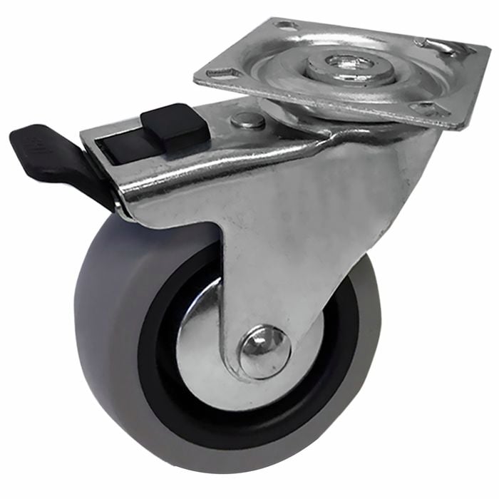 Easyroll 75mm Grey Rubber Swivel Plate Plus Brake Castor