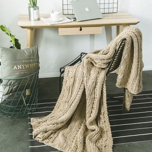 CottonMore 100% Handmade Super Soft Acrylic Knitted Blanket Bedspread Throw Rug Taupe