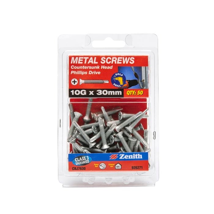 Zenith 10G x 30mm Galvanised Countersunk Head Metal Screws - 50 Pack