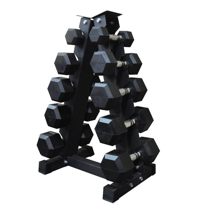 75kg - 5 Pair Hex Rubber Dumbell Weight Set With Rack