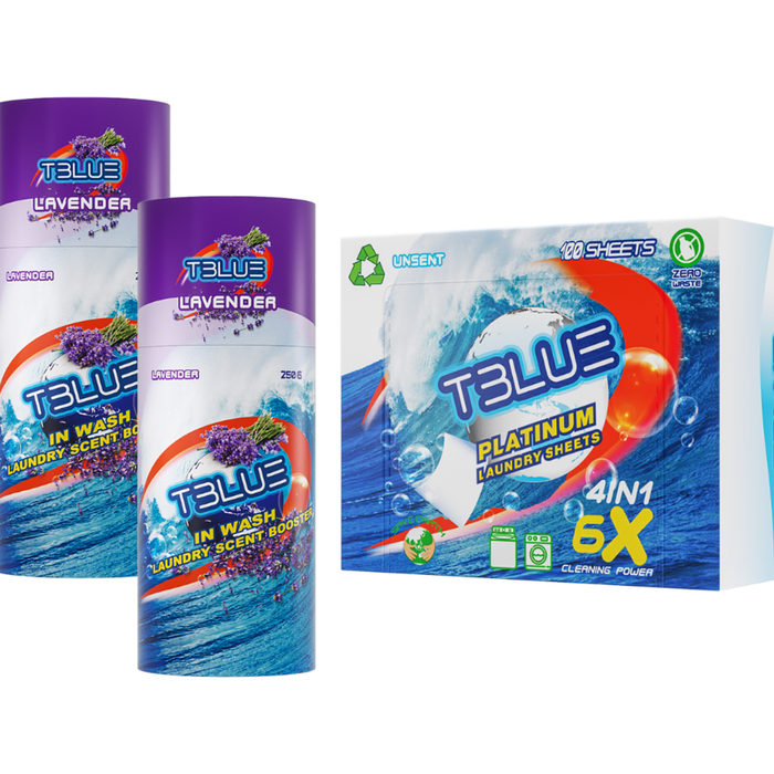TBLUE Twin Pack In-Wash Scent Booster + Laundry 100 Sheets Bundle – Lavender 250g