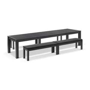 Santorini 3.55m Outdoor Rectangle Aluminium Dining Table Charcoal With 4 Bench Seats & Denim Grey Cushions