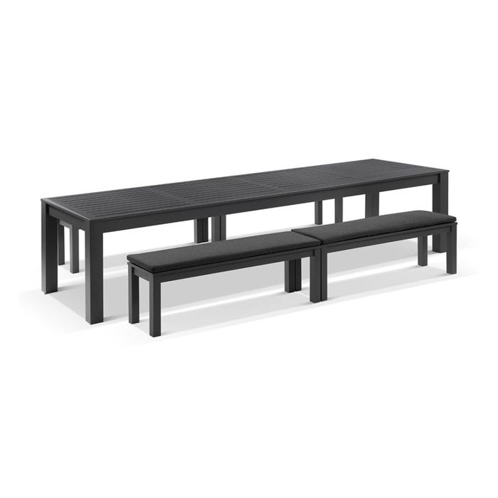 Santorini 3.55m Outdoor Rectangle Aluminium Dining Table Charcoal With 4 Bench Seats & Denim Grey Cushions