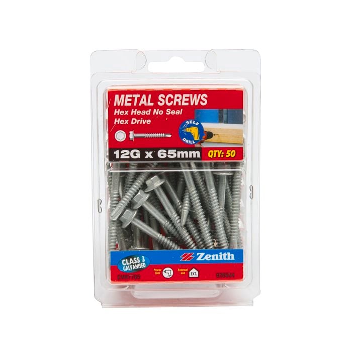 Zenith 12G x 65mm Galvanised Hex Head Metal Screws - 50 Pack