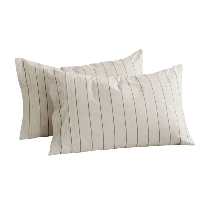 Dreamaker Rumi Washed Cotton Standard Pillowcase Twin Pack White With Olive Stripe