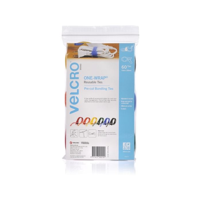 VELCRO Brand ONE-WRAP 13mm x 200mm Multicolour Ties - 60 Pack