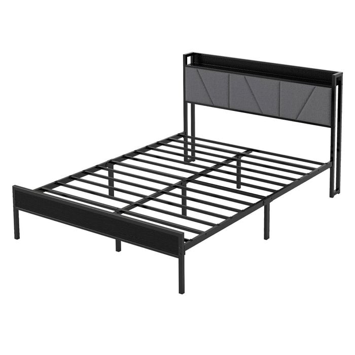 Levede Double Bed Frame with Headboard Storage and Charging Station - Dark Grey