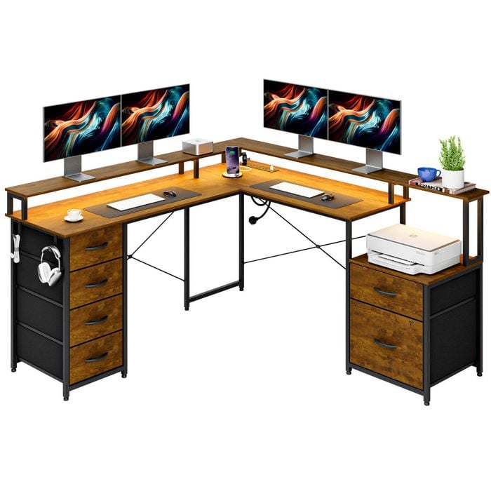 Ufurniture L Shape Computer Desk with Led Lights Power Outlet Corner Gaming Desk with Storage Fabric Drawer and Monitor shelf