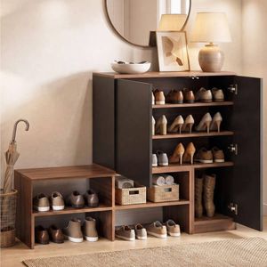 HOMFURN 2-in-1 Shoe Storage Cabinet & Bench with Adjustable Shelves - Walnut & Black