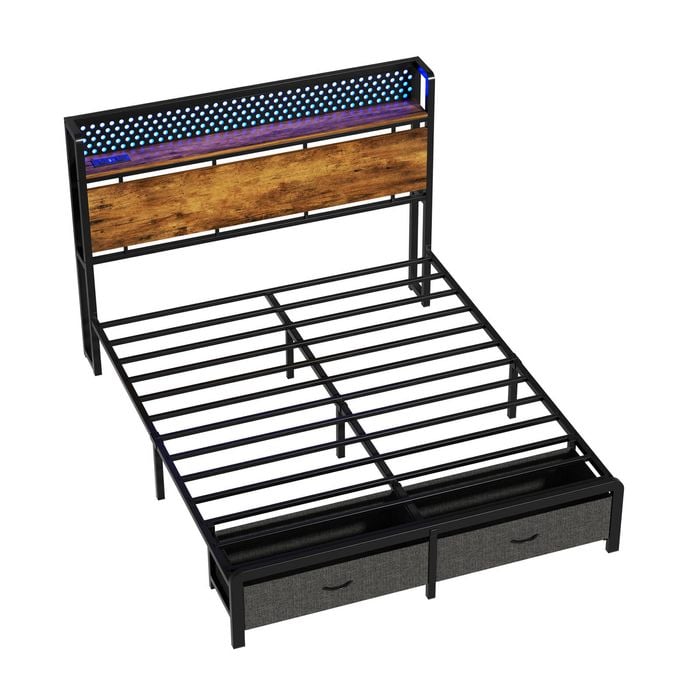 Ufurniture LED Bed Frame Double Size with Charging Station Metal Platform Beds with 2 Drawers Brown
