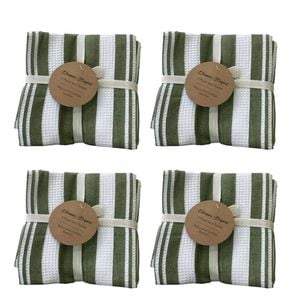 4x3pc Cdsi Eleanor Tea Towel Striped Recycled Cotton Set Olive 50x70cm