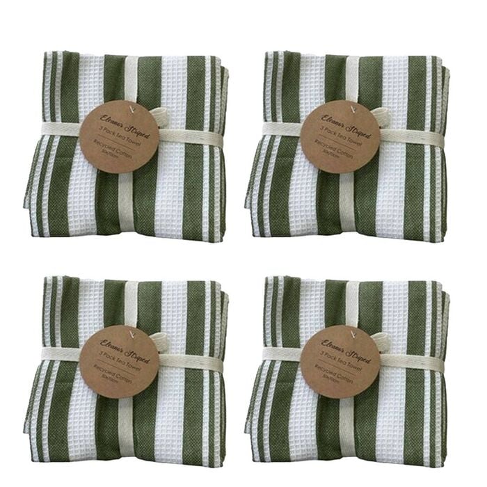 4x3pc Cdsi Eleanor Tea Towel Striped Recycled Cotton Set Olive 50x70cm