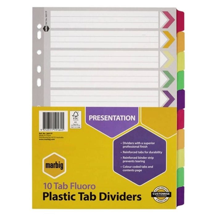 Marbig Manilla Plastic Tab Dividers A4 (Fluoro) (10 Tab)