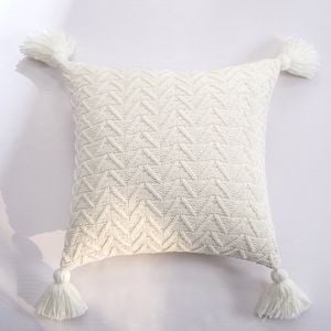 CottonMore Soft Chenille Knitted Tassel Cushion Cover Ivory 45x45cm