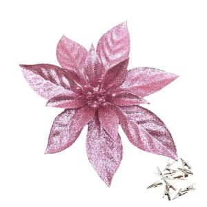 Catzon 12 Pcs Glitter Christmas Flowers with Clips Artificial Poinsettia-Pink