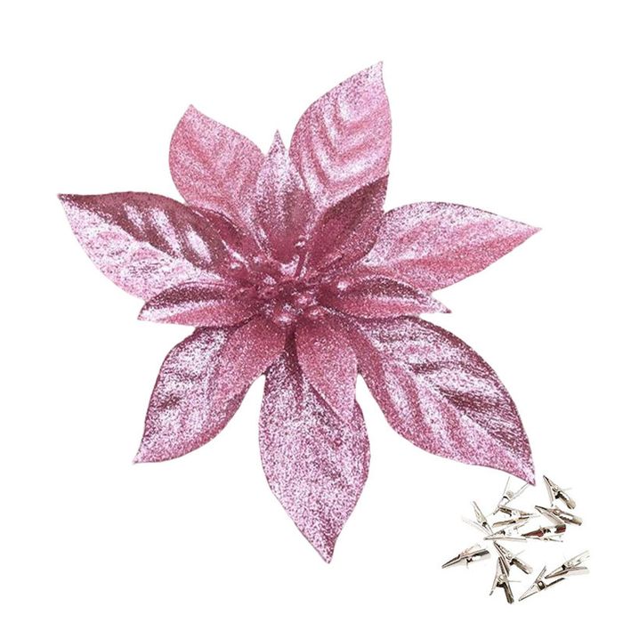 Catzon 12 Pcs Glitter Christmas Flowers with Clips Artificial Poinsettia-Pink