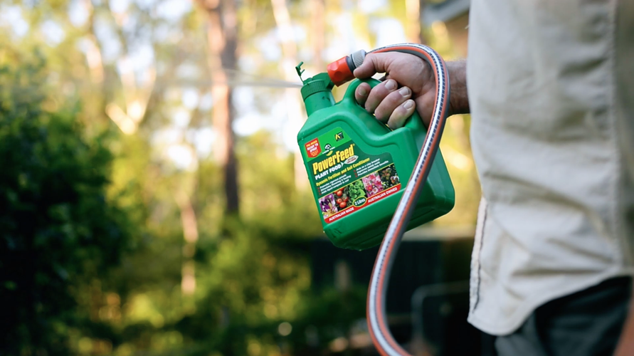 Person spraying garden with Power Feed Plant Food bottle attached to garden hose