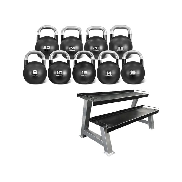CORTEX 8kg to 32kg Commercial Steel Kettlebell V2 Package with Kettlebell Stand