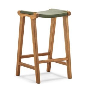 Casey 67cm Olive Green Flat Leather Natural Teakwood Barstool
